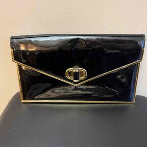 Alexander McQueen Black Patent Leather Clutch with Gold Hardware